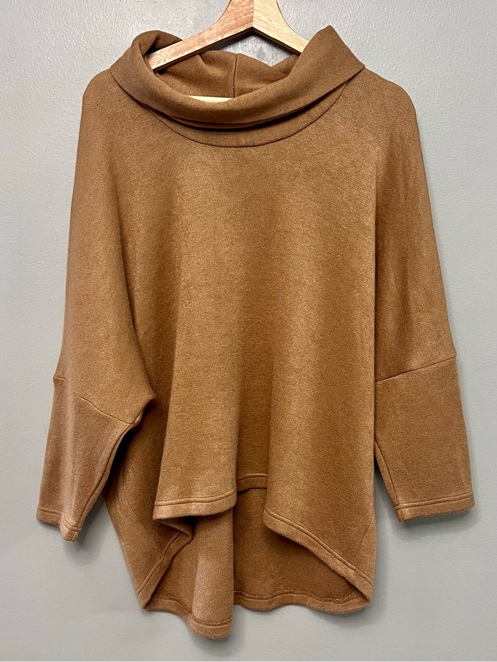 Boho Chic Camel Color Soft Sweater W/ Button Accents & Cowl Neck Size Medium